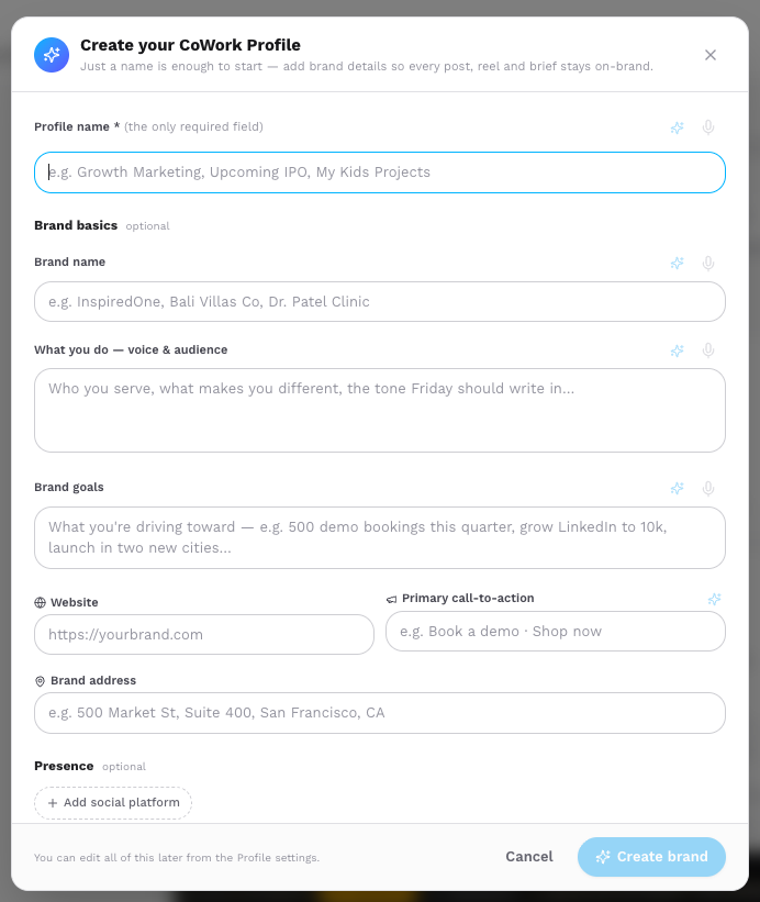 Friday CoWork profile creation modal