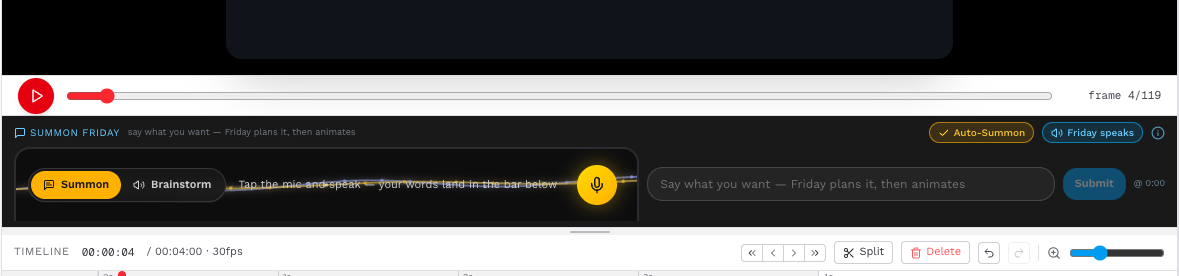 Friday Stories Summon Friday bar with brainstorm, microphone, text input, auto-summon, and submit