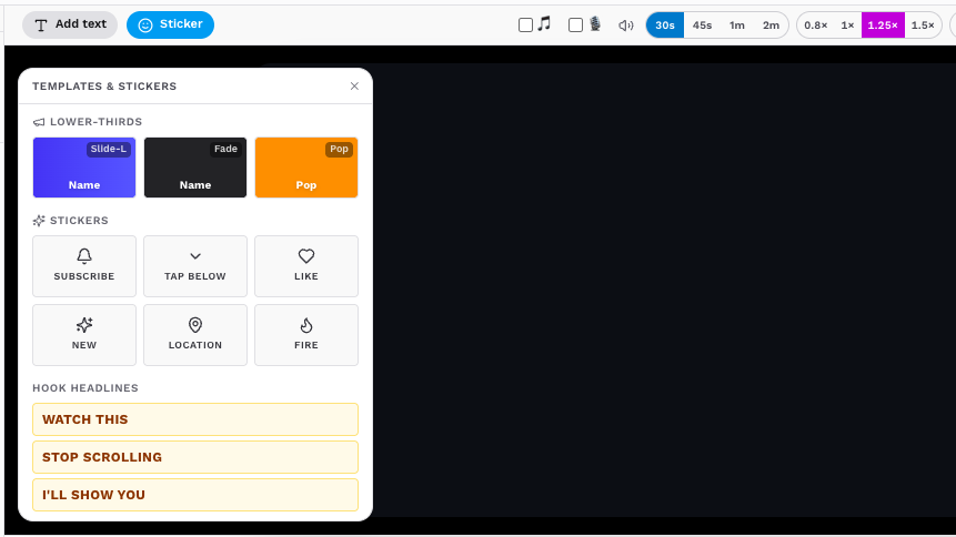 Friday Stories text editor with live canvas, text overlays, stickers, and right-side editing panel