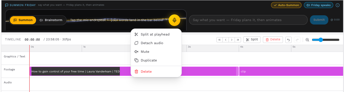 Friday Stories timeline with graphics, footage, audio, split, delete, and playhead controls