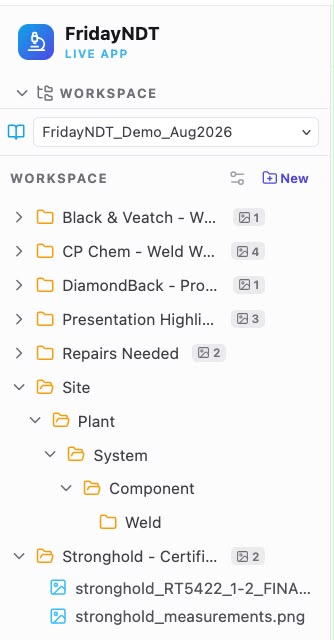 Friday NDT workspace tree showing site, plant, system, component, weld, repair folders, and uploaded files